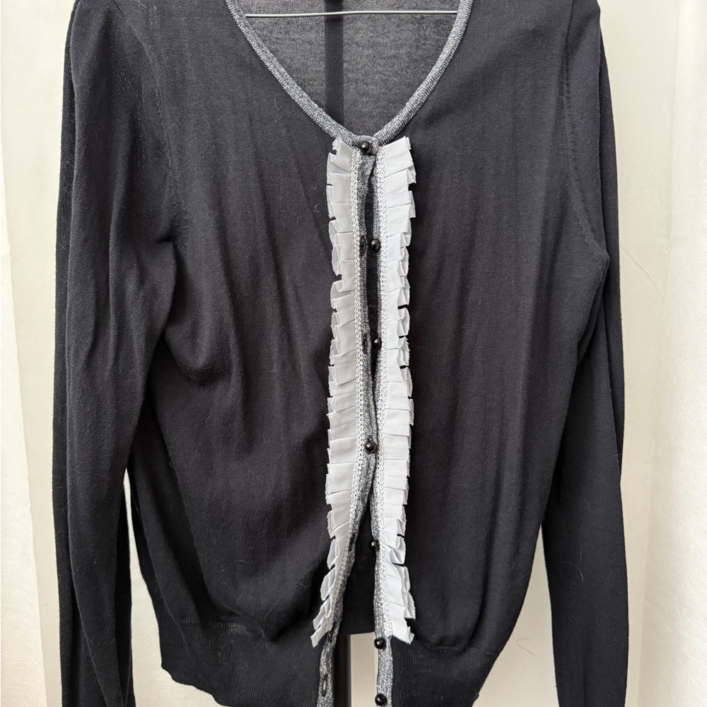 Black Cardigan Lightweight Sweater with Ruffle Trim